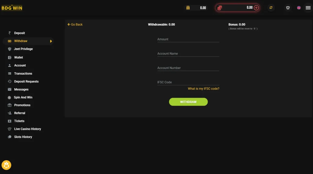 Withdrawal Process on BDG Win
